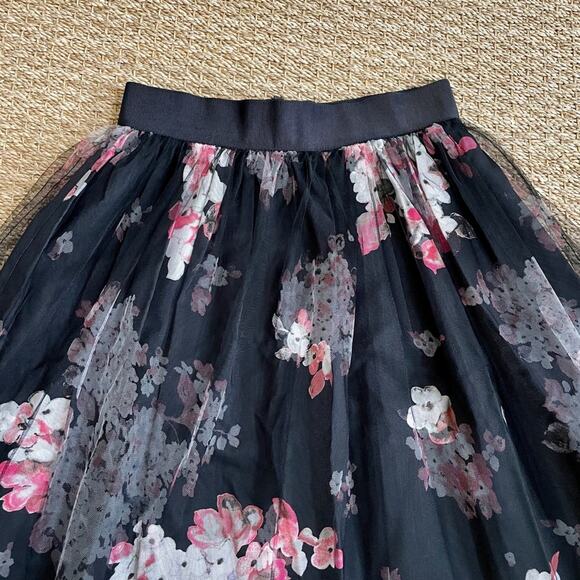 Milly Monica Tulle Overlay Black Pink Floral A-Line Skirt Grosgrain Waistband 6 - Picture 4 of 16
